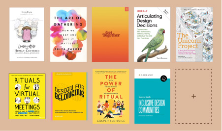 A group of nine book covers with one spot remaining vacant