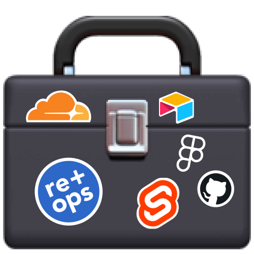 An emojii style illustration of a toolbox that is black instead of the customary red covered with various stickers of tools like airtable github figma and Research Operations Community logo