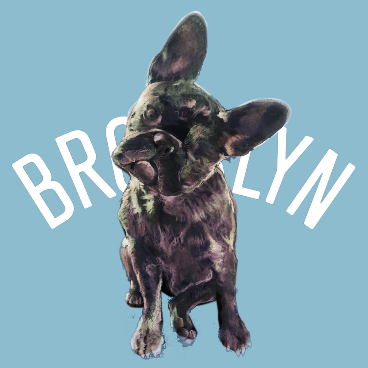 An illustration of a french bulldog that is apparently from brooklyn