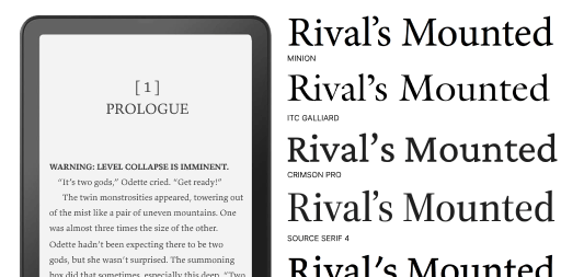 An image of an e-reader and a list of typefaces