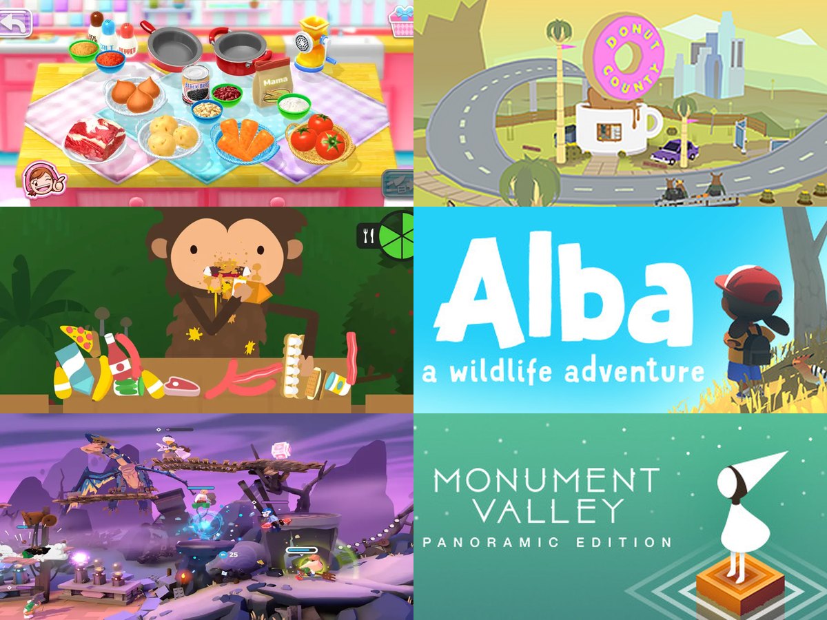 A grid of screenshots from Cooking Mama, Donut County, Sneaky Sasquatch, Alba, LEGO Brawls, and Monument Valley