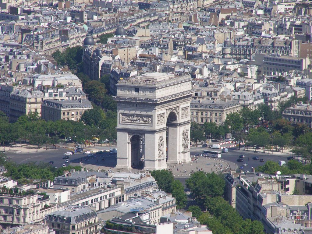 The Arc De Triomphe as seen from the top of the eiffel Tower