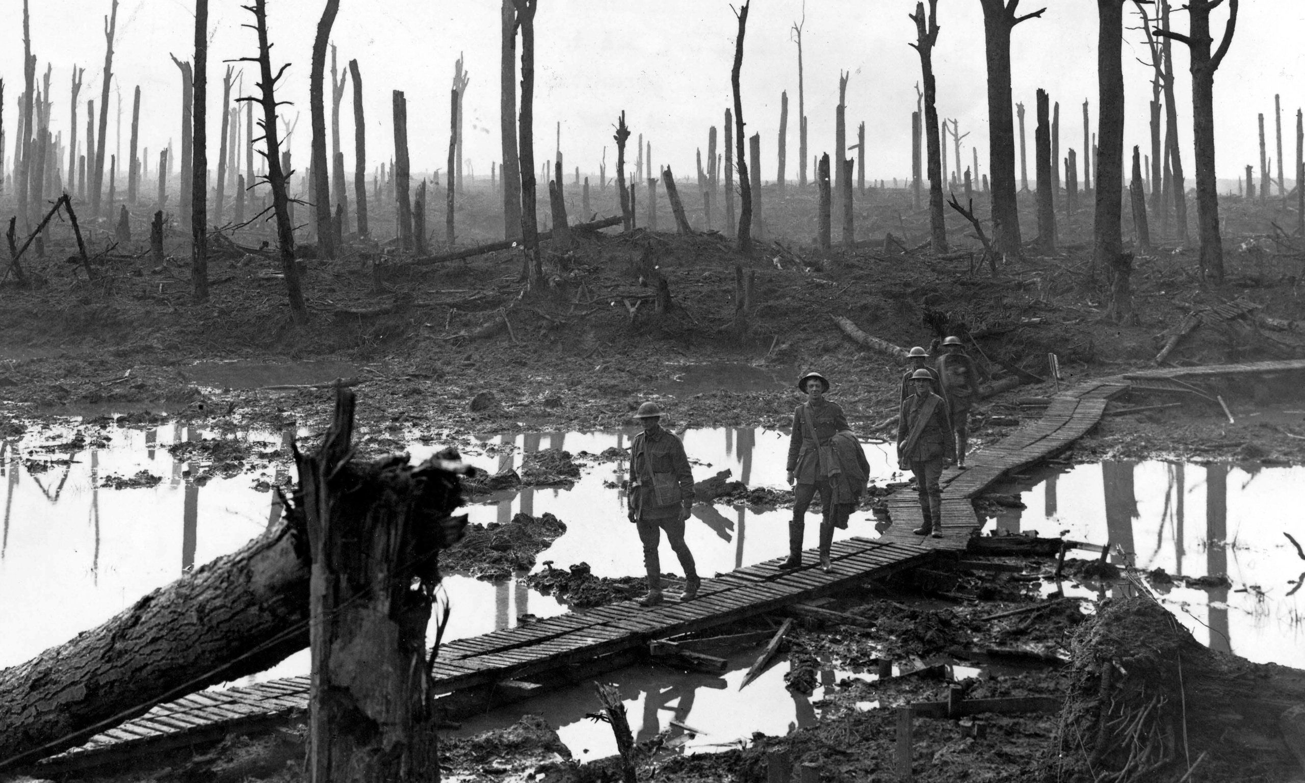 Soldiers walking through a dead muddy forest
