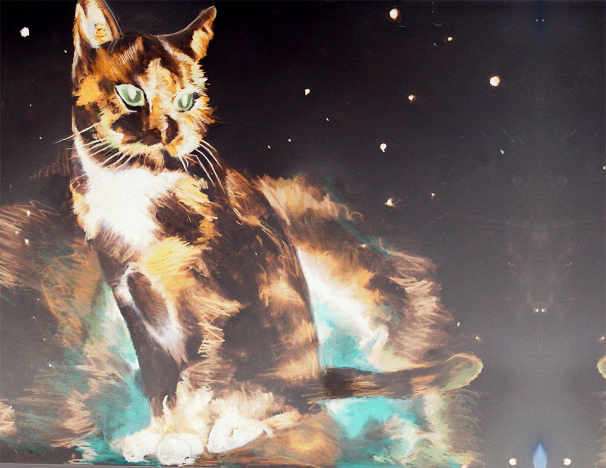 an illustration of a carcoal cat in space
