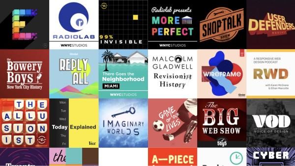 a grid of atleast twenty-four podcast cover artworks