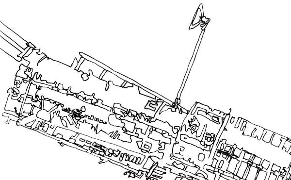 A line drawing illustration of the Hubble Space telescope