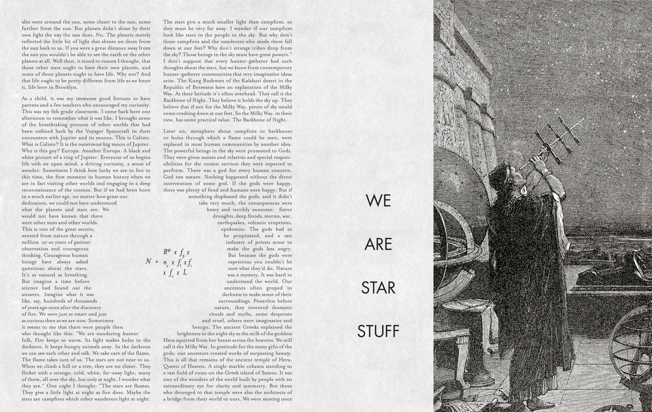 An editorial spread with images, text and a prominent pullquote that says We Are Star Stuff