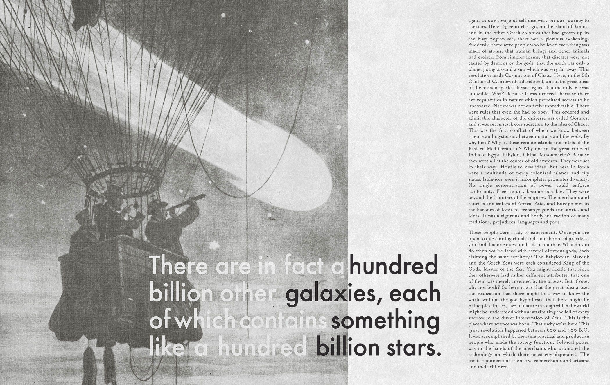An editorial spread with images, text and an image with a commet filling the sky behind a hot air ballon