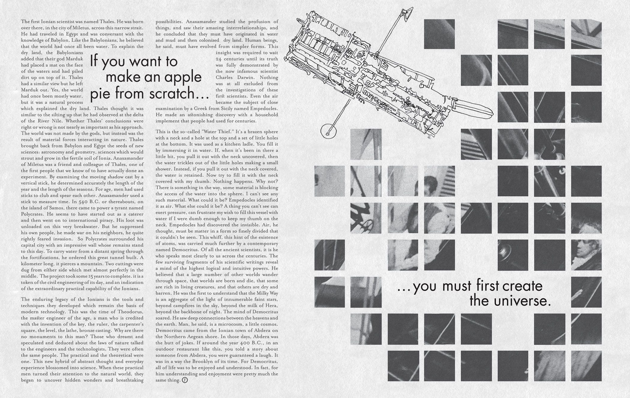 An editorial spread with images, text and an images of astronomers looking through telescopes